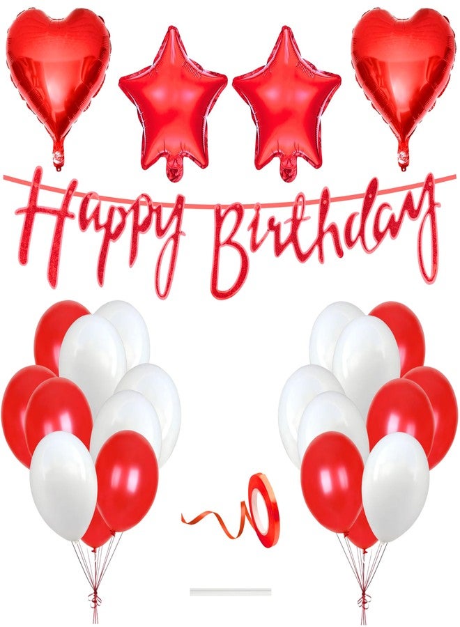 Flyloons Happy Birthday Decoration Kit Red White for Baby Boys Girls Kids Princess Twins Men Women Husband Wife With 20 Pcs Metallic Balloons Birthday Banner 4 Pcs Star Heart Items Set - Image 1